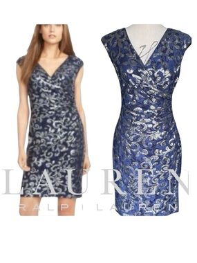 Lauren Ralph Lauren Navy Silver Sequin Cross Front V Side Ruche Midi Dress (4)